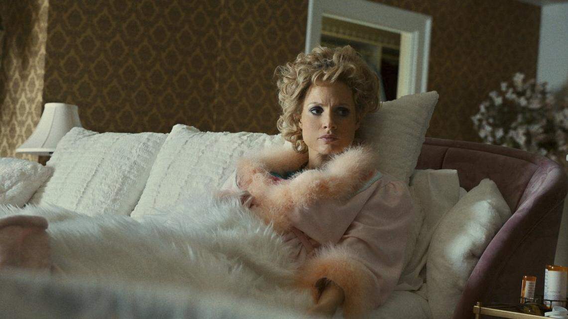 This image released by Searchlight Pictures shows Jessica Chastain as Tammy Faye Bakker in a scene from “The Eyes of Tammy Faye.” (Searchlight Pictures via AP)