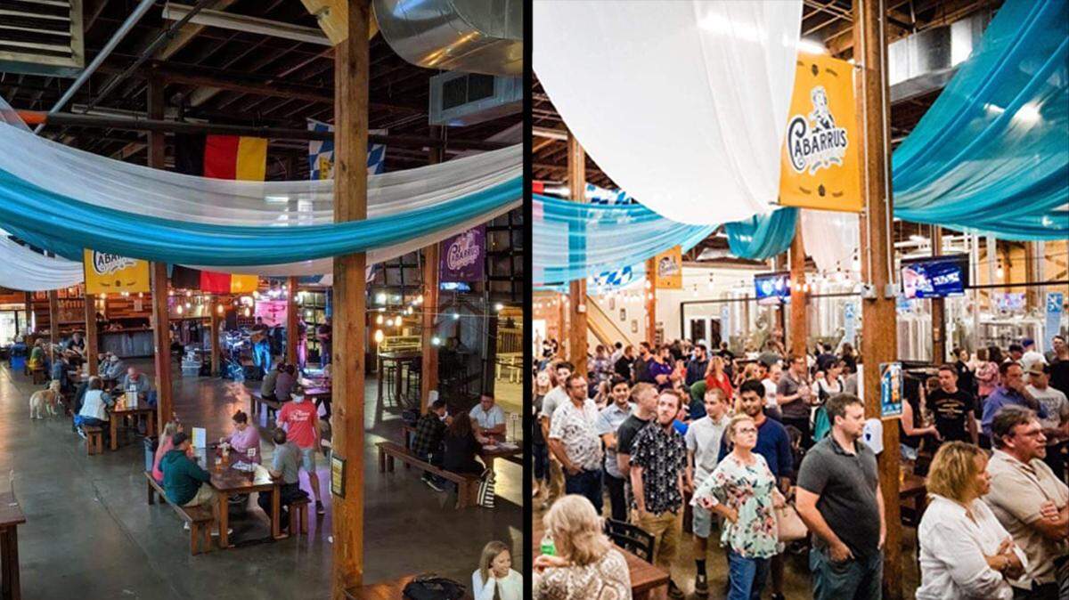 As part of Cabarrus Brewing’s operating procedures during the COVID-19 pandemic, all staff are required to wear masks and gloves throughout their shift, and groups are limited to six people at tables that are spaced 6 feet apart. Pictured at left is the space this year, compared with last year on the right.