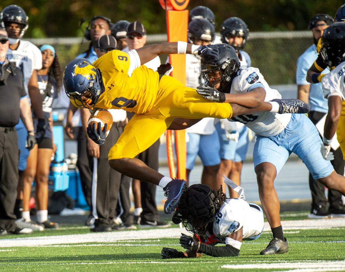 Johnson C. Smith’s Maliek Carter (9) is brought down after a fourth-quarter catch and run Saturday. Looking to reach the postseason the Johnson C. Smith Golden Bulls football team played its regular season finale against the Livingstone College Blue Bears on Saturday, Nov. 8, 2025. The Golden Bulls won, 26-21.