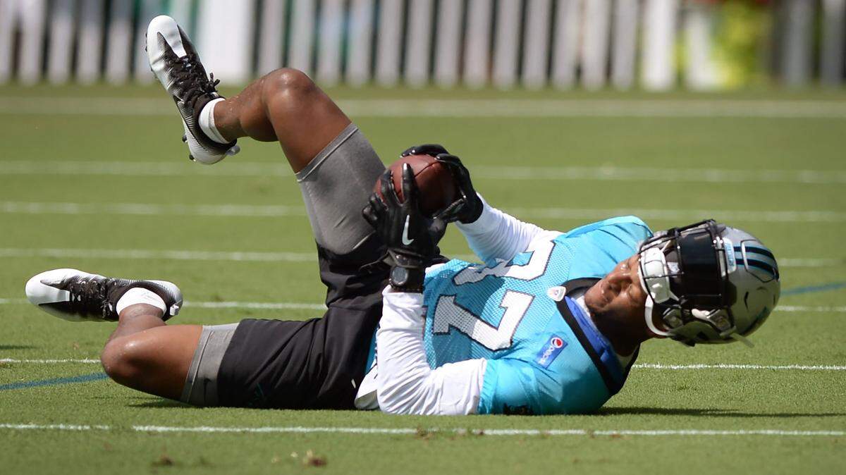 Carolina Panthers wide receiver Bug Howard catches the ball as he falls to the turf during the team’s second training camp practice on Friday, July 27, 2018. The Panthers are holding training camp at Wofford College in Spartanburg, SC.