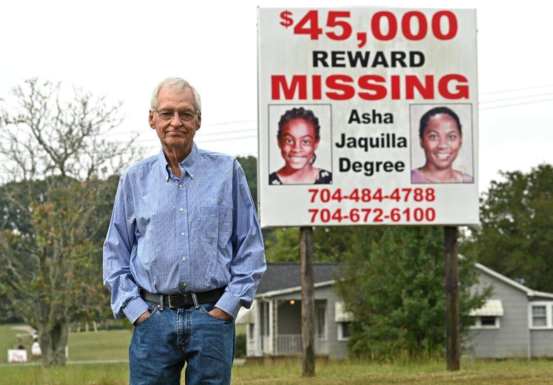 Rick Dancy stands near the sign showing Asha Degree when she was 9 years old and what she potentially could look like years later on Monday, Sept. 23, 2024. Dancy was the Red Cross executive director in Shelby in 2000 when Asha Degree went missing.