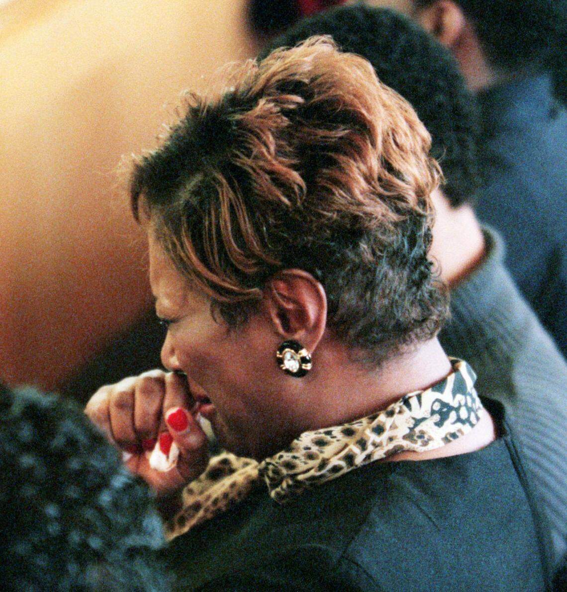 Saundra Adams, mother of Cherica Adams, cried as she listened to her daughter’s voice on a 911 tape in court.  When the prosecution played the 12-minute tape during opening arguments, it was the first time Saundra Adams had heard it in its entirety.