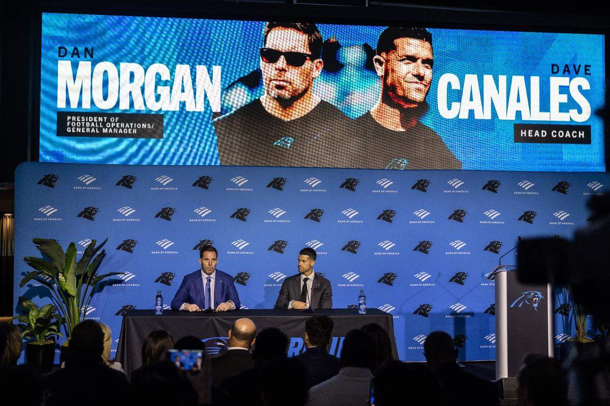 Carolina Panthers President of Football Operations/General Manager Dan Morgan, left, and Carolina Panthers coach Dave Canales speak during a press conference at the Bank of America Stadium in Charlotte, N.C., on Thursday, February 1, 2024.
