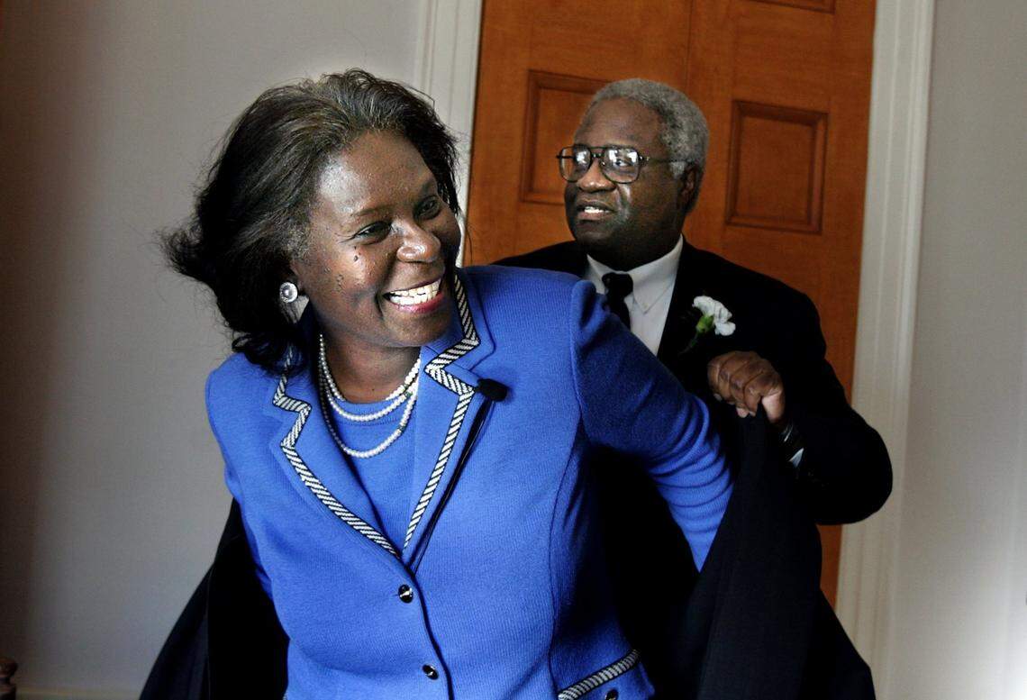 Patricia Timmons-Goodson, pictured in 2006, was the first black woman on the North Carolina Supreme Court. She is now running for Congress in the state’s 8th district. She is with her husband, Dr. Ernest Goodson, who helped her put on her robe.