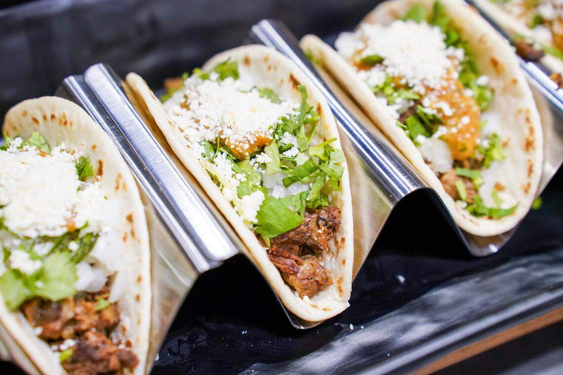 Tacos with your choice of marinated steak or roasted mushrooms are available at Bank of America Stadium.