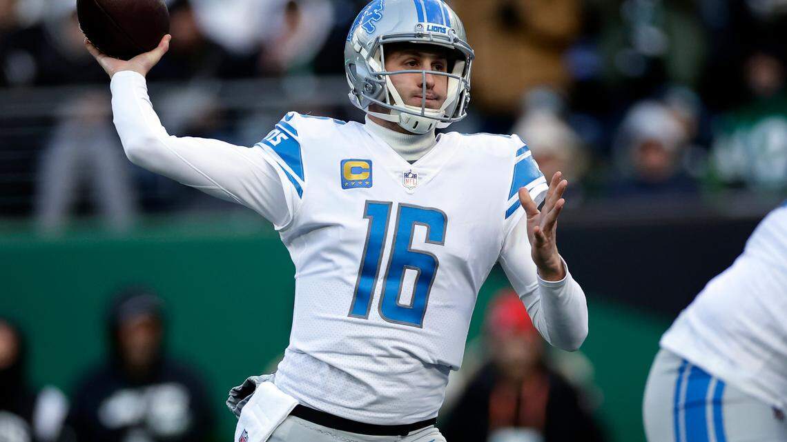 Detroit Lions quarterback Jared Goff (16) passes against the New York Jets during an NFL football game Sunday, Dec. 18, 2022, in East Rutherford, N.J. (AP Photo/Adam Hunger)