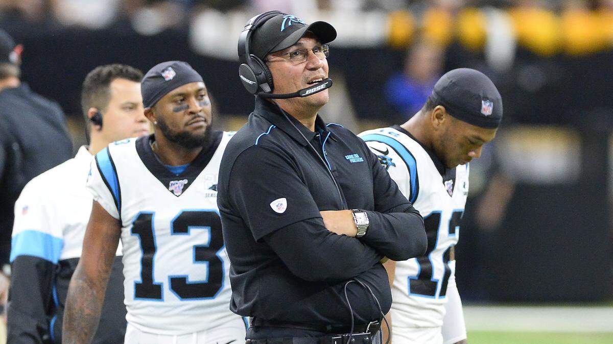 Carolina Panthers coach Ron Rivera watches the video replay during Sunday’s loss to the New Orleans Saints.