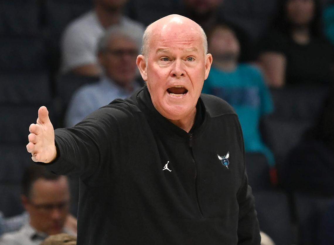 Charlotte Hornets head coach Steve Clifford yells instructions to his team during first half action against the Brooklyn Nets on Monday, October 30, 2023 at Spectrum Center in Charlotte, NC.