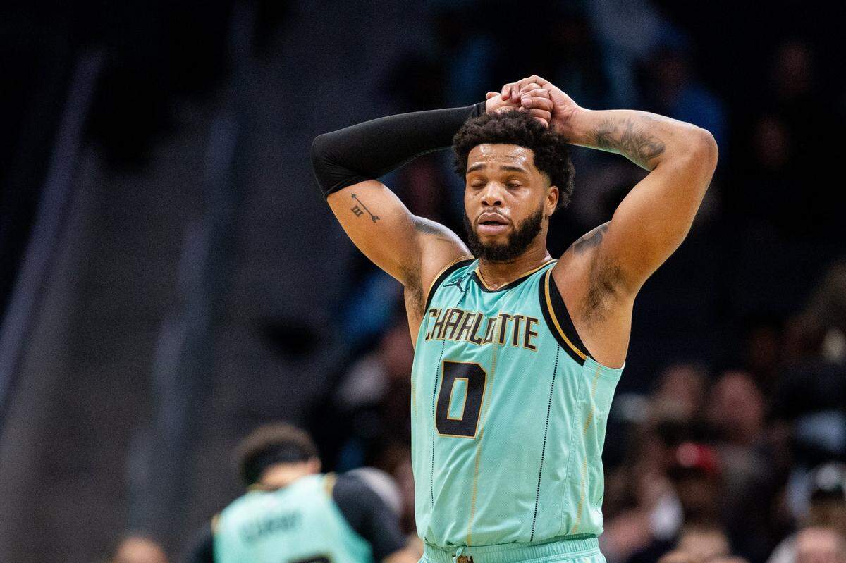 Jan 25, 2025; Charlotte, North Carolina, USA; Charlotte Hornets forward Miles Bridges (0) reacts after a foul call during the second quarter against the New Orleans Pelicans at Spectrum Center. Mandatory Credit: Scott Kinser-Imagn Images