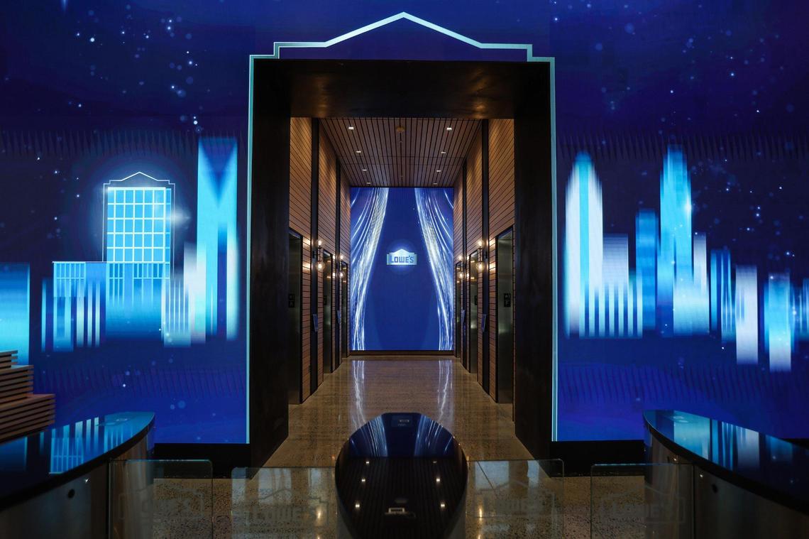 The lobby of the main entrance to Lowe’s Tech Hub at 100 W. Worthington Ave. in Charlotte.