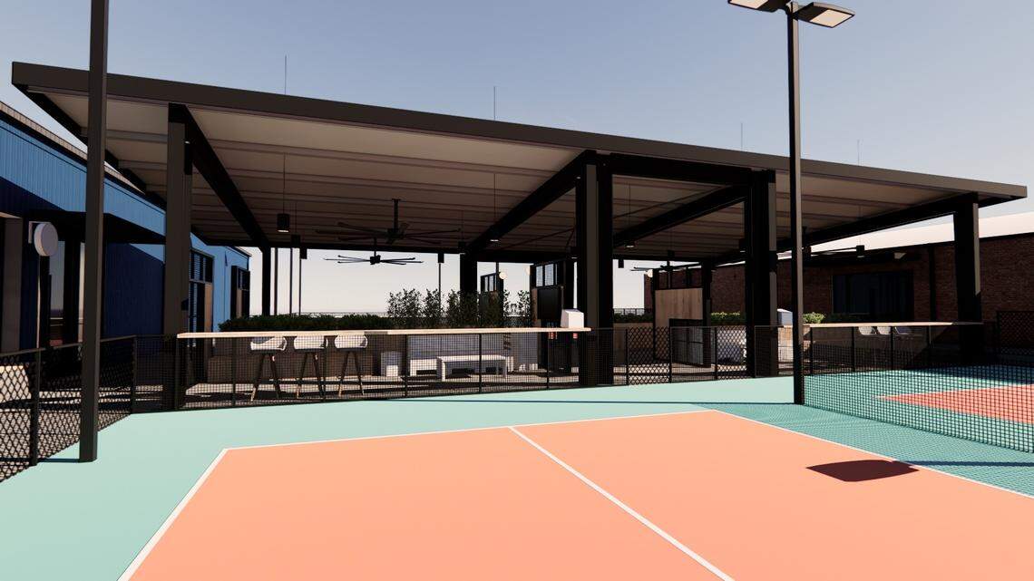 A rendering shows the view of the bar from the courts at Rally.