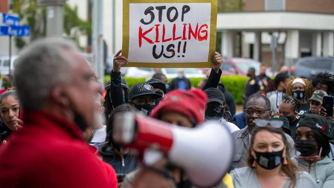 Demonstrators protest outside City Hall April 23, 2021 in Elizabeth City, N.C. where Andrew Brown Jr. was shot and killed by a Pasquotank County deputy. Brown’s death was one of six that occurred at the hands of police in the 24 hours after Derek Chauvin was convicted in George Floyd’s death.