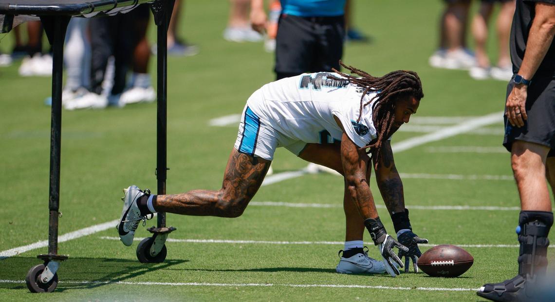 Panthers linebacker Shaq Thompson (54) goes after a loose ball during minicamp practice in Charlotte, NC on Tuesday, June 11, 2024.