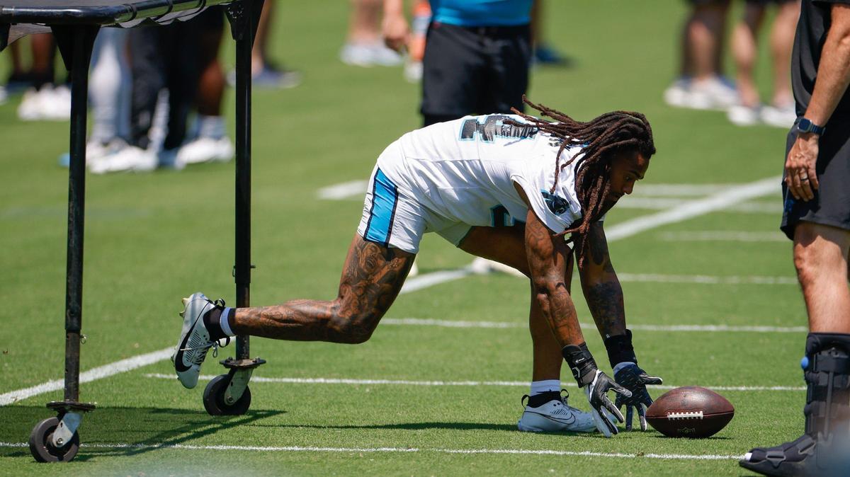 Panthers linebacker Shaq Thompson (54) goes after a loose ball during minicamp practice in Charlotte, NC on Tuesday, June 11, 2024.