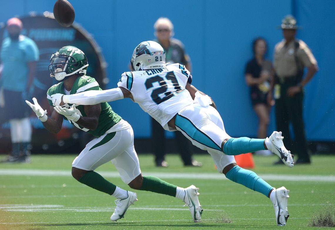 Carolina Panthers safety Jeremy Chinn, breaks up a pass meant for New York Jets wide receiver Elijah Moore, left, during first quarter action at Bank of America Stadium in Charlotte, NC on Sunday, September 12, 2021. The Panthers defeated the Jets 19-14.