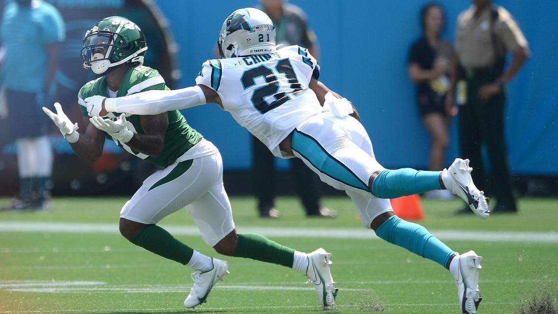 Carolina Panthers safety Jeremy Chinn, breaks up a pass meant for New York Jets wide receiver Elijah Moore, left, during first quarter action at Bank of America Stadium in Charlotte, NC on Sunday, September 12, 2021. The Panthers defeated the Jets 19-14.