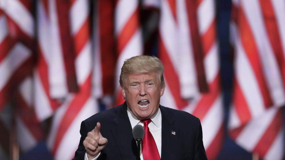 Donald Trump speaks during the final day of the RNC in Cleveland in 2016.