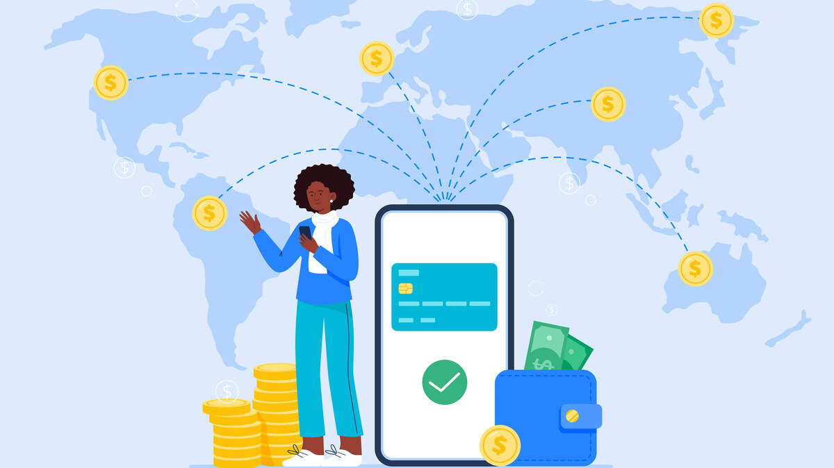 A graphic of a woman using an app to save money for travel. 