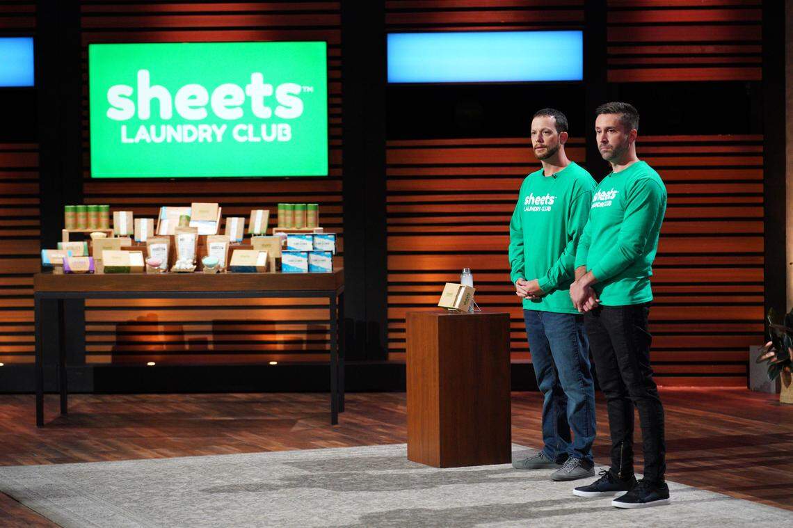 Mooresville entrepreneurs Chris Campbell, left, and Chris Videau appear on a “Shark Tank” episode on Nov. 19, 2021.