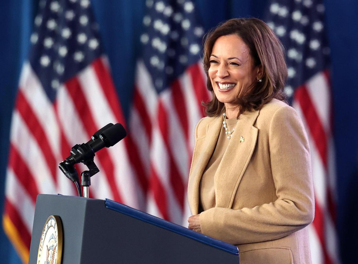 Vice President Kamala Harris smiles at supporters during a rally at PNC Music Pavilion on Saturday, November 2, 2024.