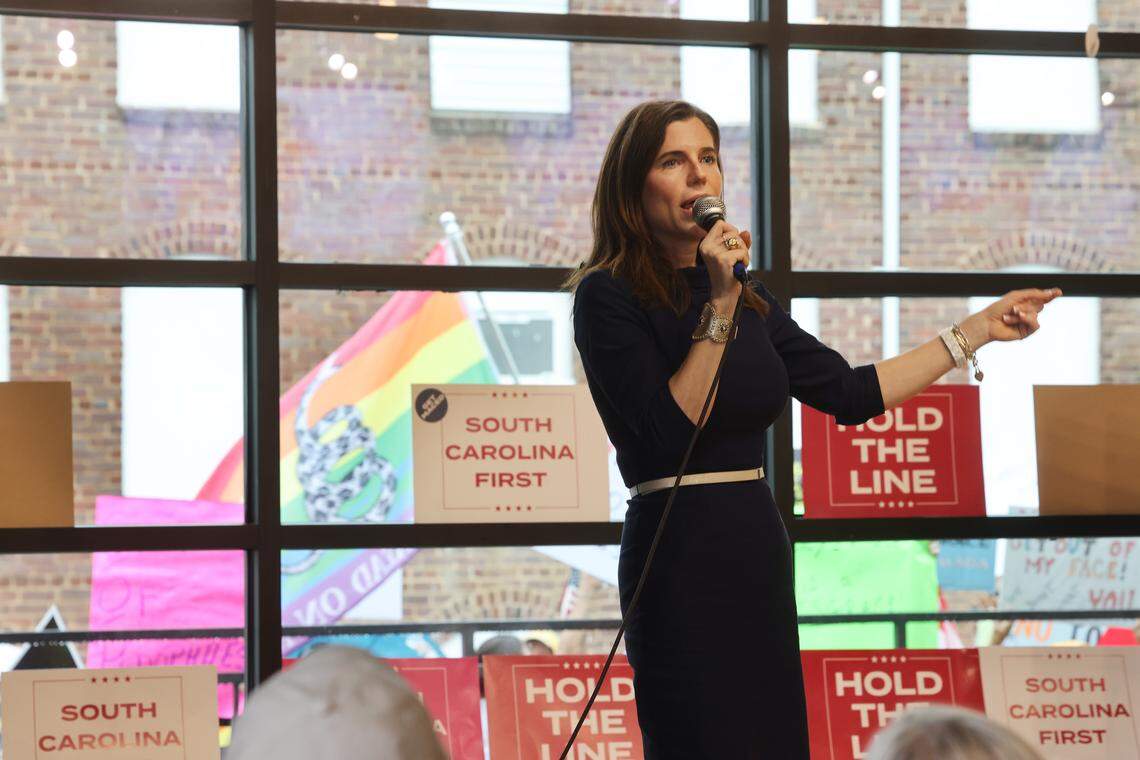Republican candidate for South Carolina governor Nancy Mace addressed a crowd at Hoppin’ in Rock Hill on Monday. Outside, protesters marched carrying flags and signs.