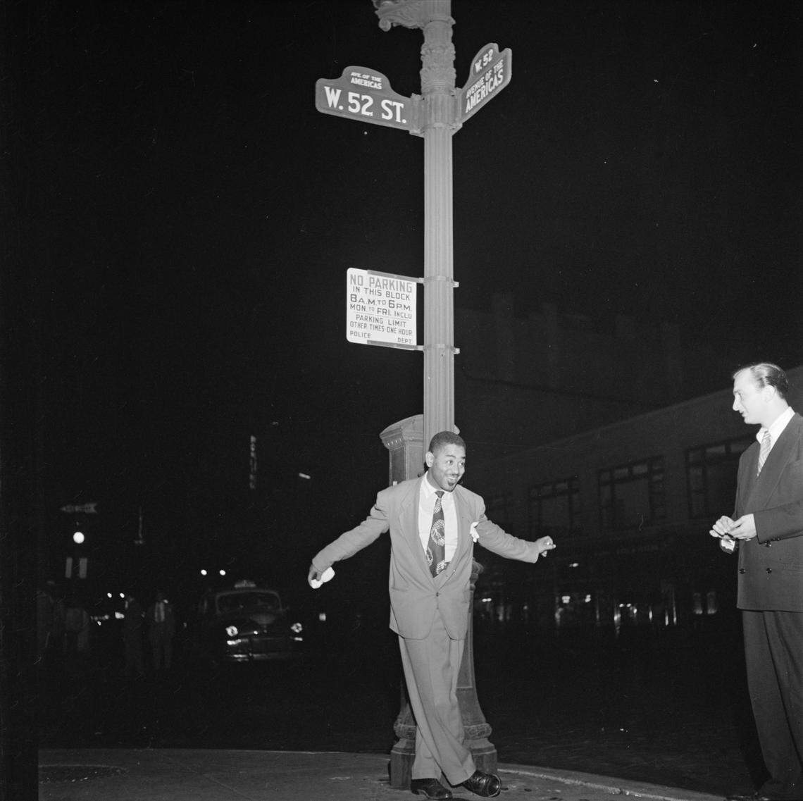 “Dizzy Gillespie, 52nd St., New York, N.Y.,” c. 1948, Gelatin silver print, Bank of America Collection