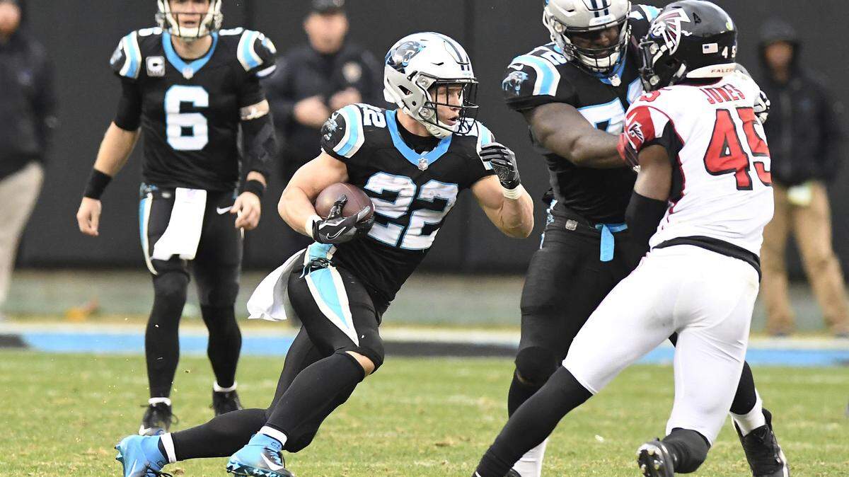 Carolina Panthers running back Christian McCaffrey (22) finds running room against the Atlanta Falcons during the second half at Bank of America Stadium in Charlotte, NC on Sunday, December 23, 2018. The Falcons won 24-10.