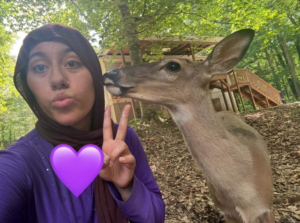 A close-up selfie of a person in a purple top and brown hijab posing with a pout and a peace sign. A large purple heart emoji is overlaid on the person’s chest. Standing on the right is a deer, looking towards the person, outdoors in a forest, with a wooden deck structure visible in the background.