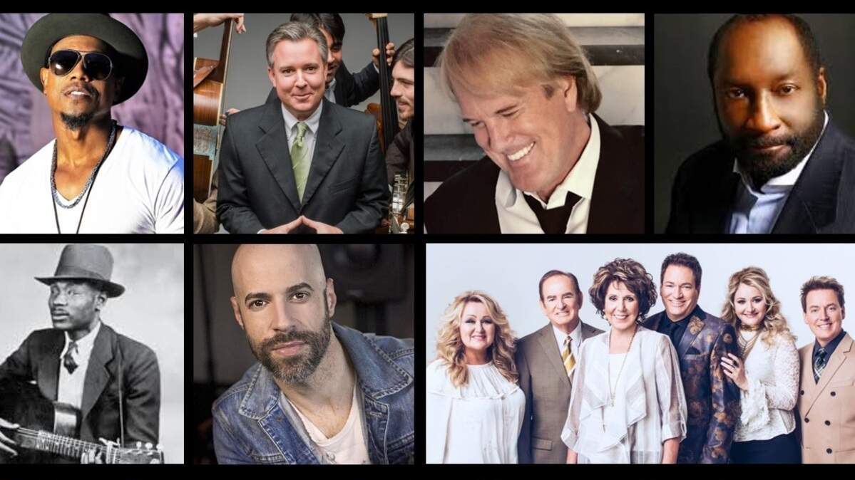 Clockwise from top left are: Calvin Richardson, Dolphus Ramseur, John Tesh, Luther Barnes, Blind Boy Fuller, Chris Daughtry and The Hoppers.