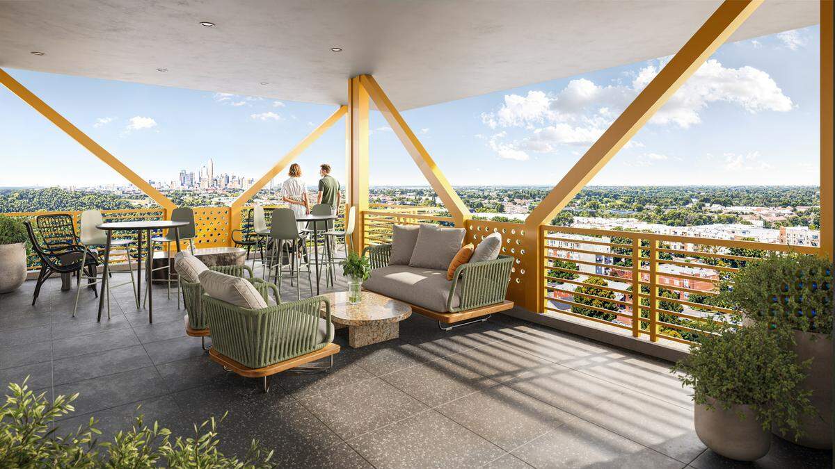 Centro NoDa’s rooftop terrace has views of the Charlotte skyline.