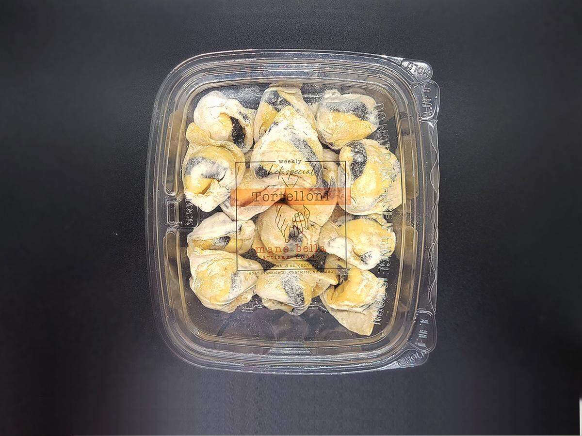Mano Bella Artisan Foods’ Smoked Trout Tortelloni includes a stripe of squid ink pasta, featuring Lucky Fish.