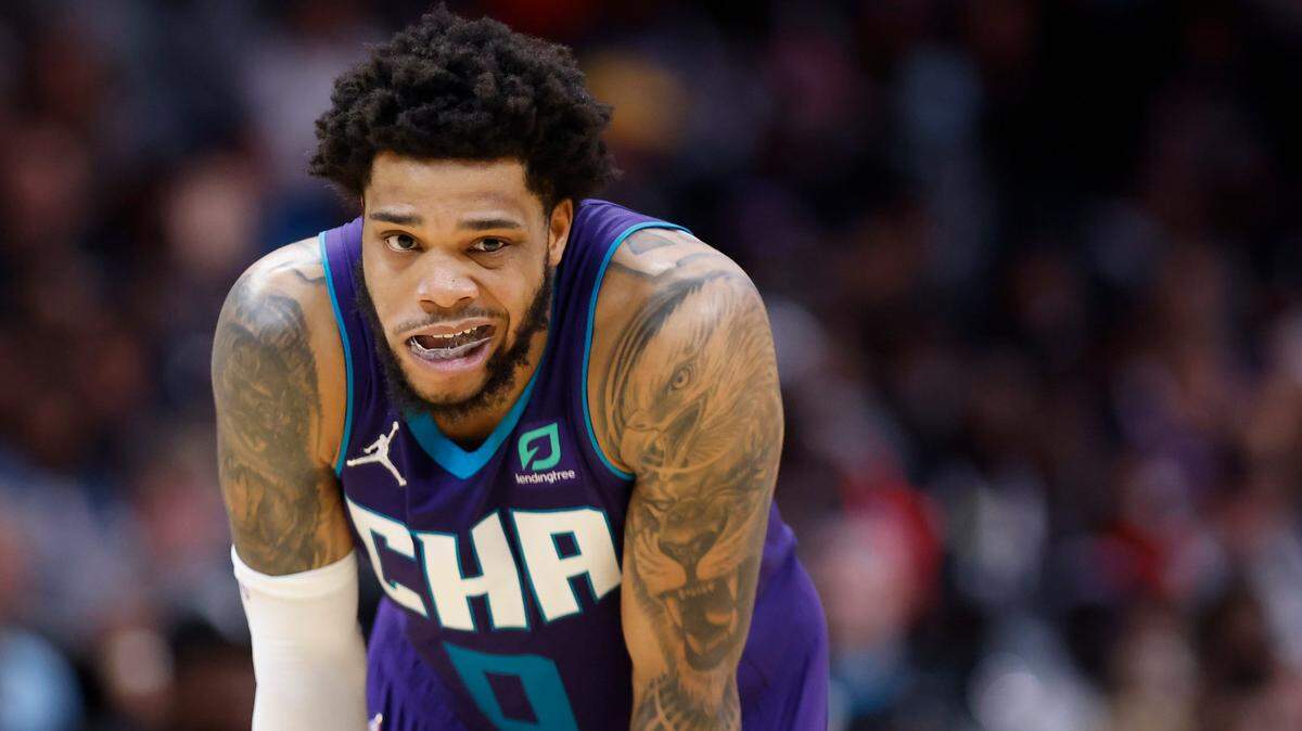 Charlotte Hornets forward Miles Bridges (0) during a game against the Brooklyn Nets at the Spectrum Center in Charlotte, N.C., Tuesday, March 8, 2022. Brooklyn beat Charlotte 132-121.