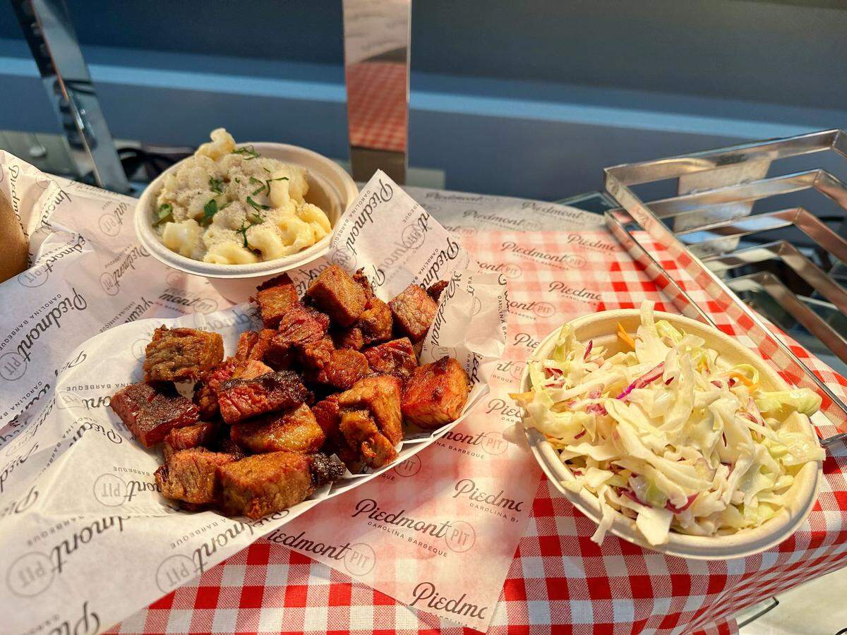The double smoked burnt ends, mac and cheese and Carolina coleslaw from Piedmont Pit.