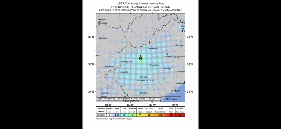 A 5.1 magnitude earthquake felt in Charlotte shortly after 8 a.m. Sunday was centered just over a mile south of Sparta, North Carolina, near near the Virginia border.