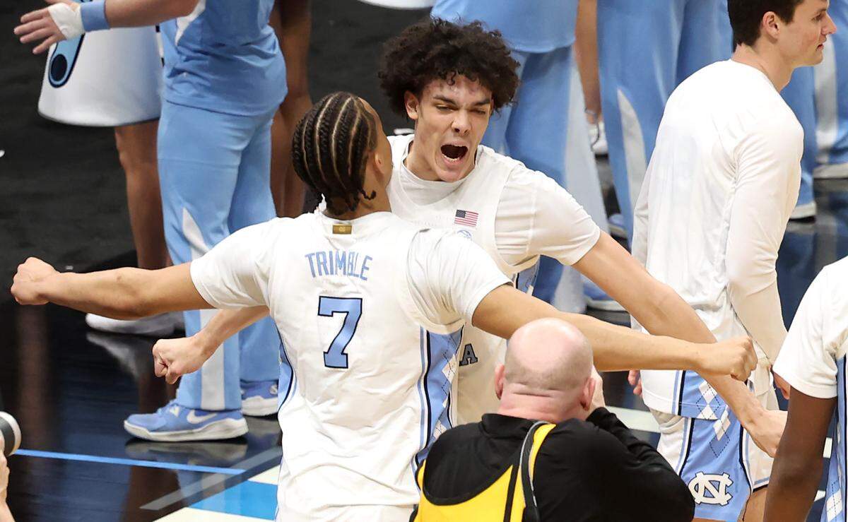 UNC Tar Heels Seth Trimble and Hayden High are all pumped up for the team’s game against Wagner at Spectrum Center in Charlotte, NC on Thursday, March 21, 2024. The Tar Heels battled Wagner in the First Round of the 2024 NCAA Division 1 Men’s Basketball Championship at Spectrum Center in Charlotte, NC on Thursday, March 21, 2024.