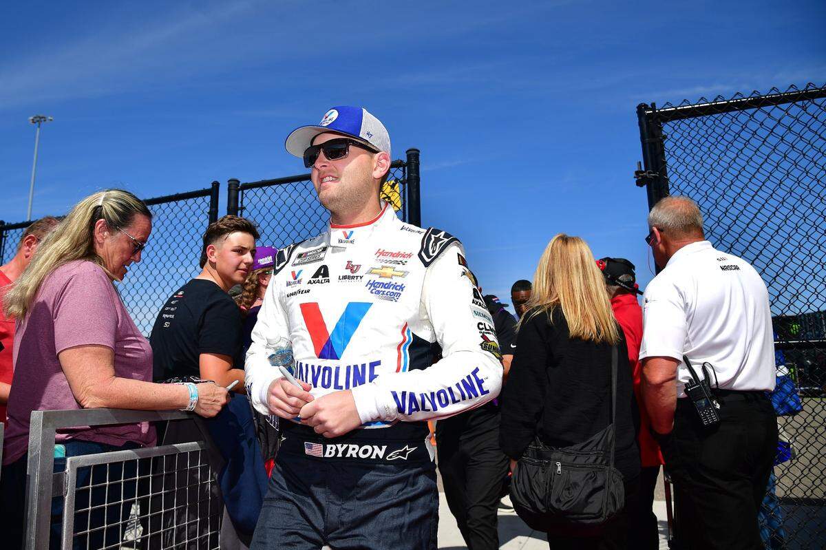Mar 12, 2023; Avondale, Arizona, USA; NASCAR Cup Series driver William Byron (24) before the United Rentals Work United 500 at Phoenix Raceway. Mandatory Credit: Gary A. Vasquez-USA TODAY Sports