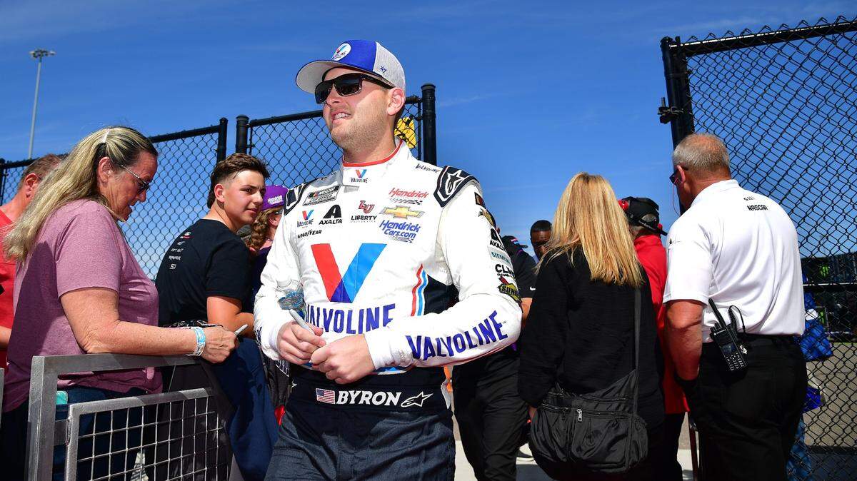 Mar 12, 2023; Avondale, Arizona, USA; NASCAR Cup Series driver William Byron (24) before the United Rentals Work United 500 at Phoenix Raceway. Mandatory Credit: Gary A. Vasquez-USA TODAY Sports