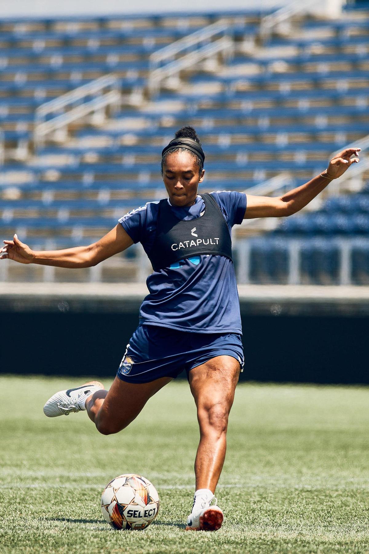 Ascent forward Mia Corbin lines ups for a shot after training. 