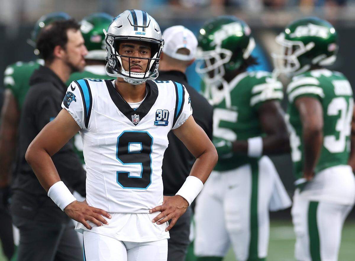 Carolina Panthers quarterback Bryce Young waits to run through passing drills prior to action against the New York Jets at Bank of America Stadium in Charlotte, NC on Saturday, August 17, 2024.