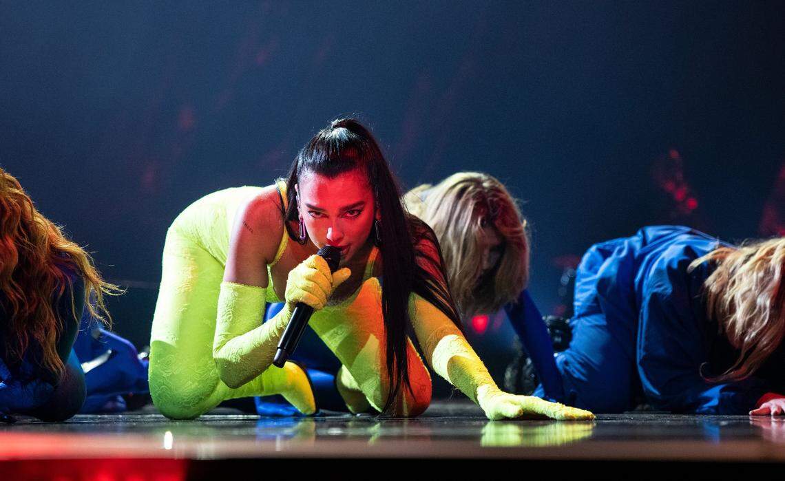 Dua Lipa performs during her Future Nostalgia Tour at the Spectrum Center in Charlotte, N.C., on February, 16, 2022.