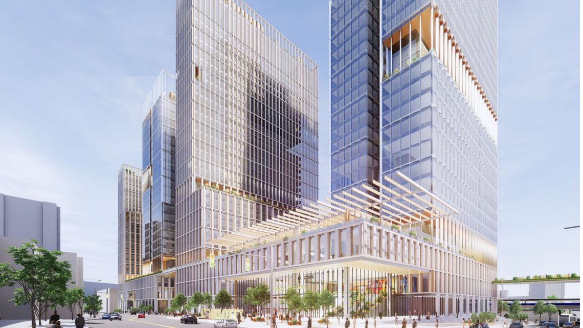 A rendering from a city presentation last year on the Charlotte Gateway Station. The project includes moving the Amtrak station to uptown as well as building out a public plaza and four towers with residential units, retail and a hotel.