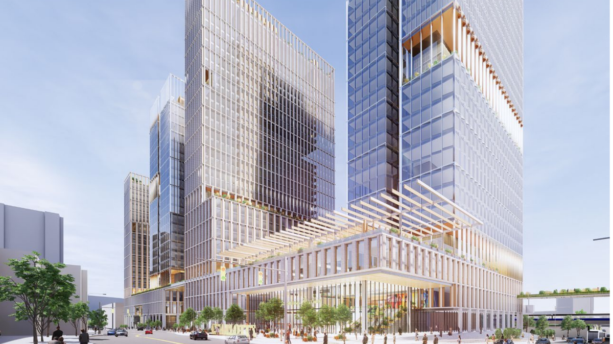 A rendering from a city presentation last year on the Charlotte Gateway Station. The project includes moving the Amtrak station to uptown as well as building out a public plaza and four towers with residential units, retail and a hotel.
