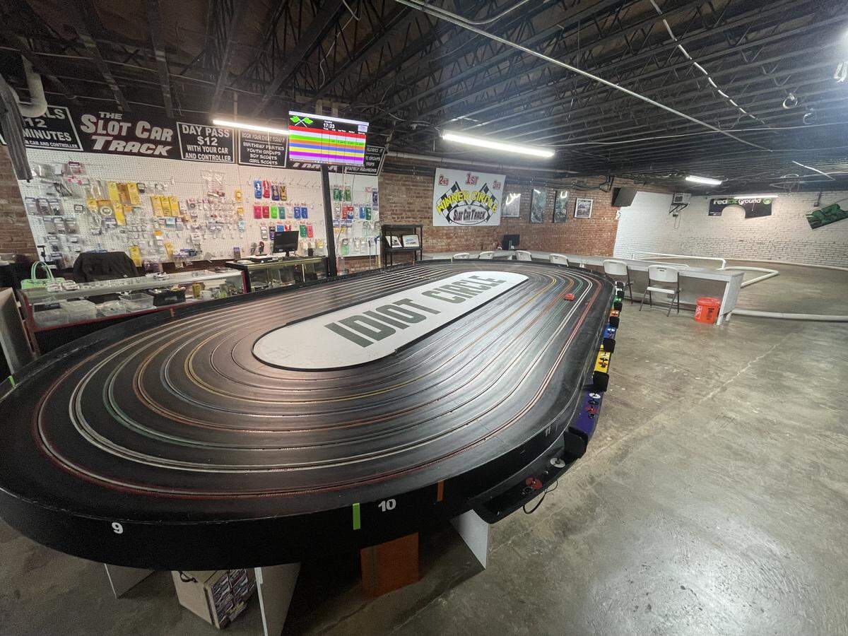 An interior shot of Slot Car Track in downtown Kannapolis, with one of the tracks named after one of the town’s longtime unofficial landmarks.