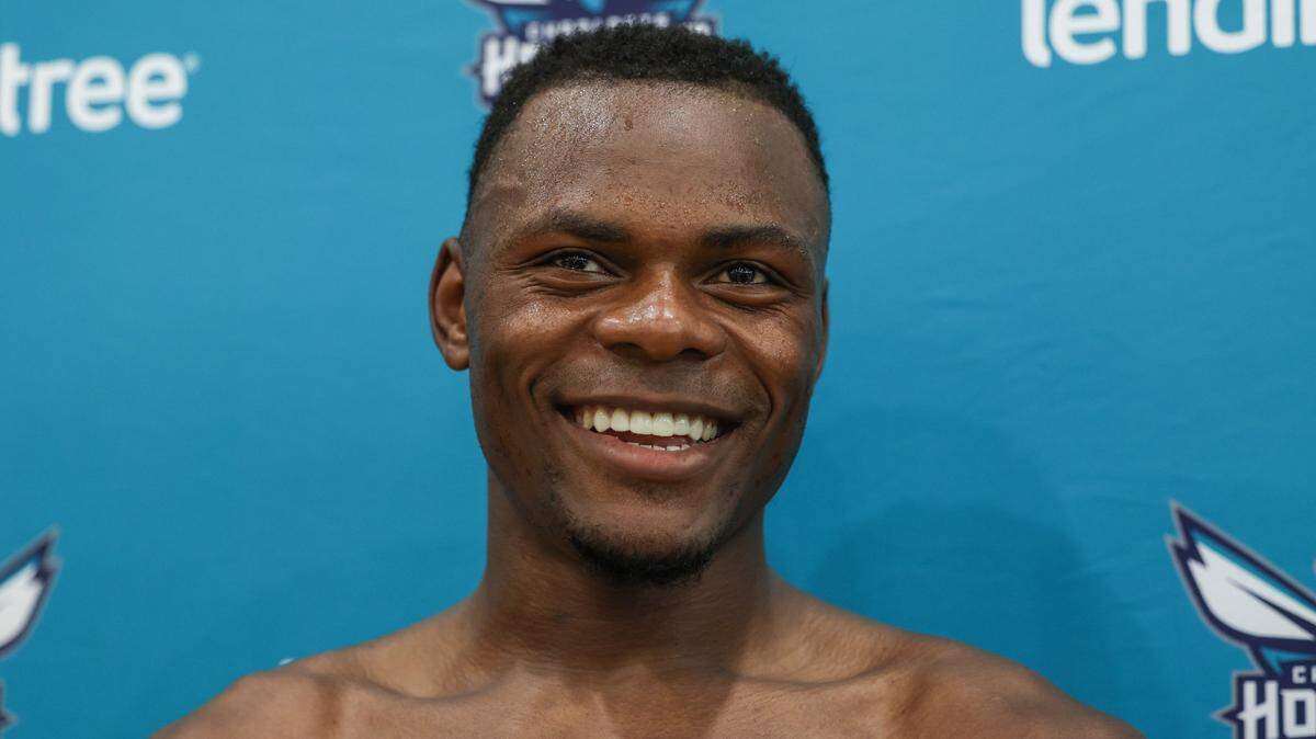 Kentucky’s Oscar Tshiebwe speaks with media after a pre-draft workout with the Hornets on Wednesday, May 31, 2023 at the Spectrum Center.