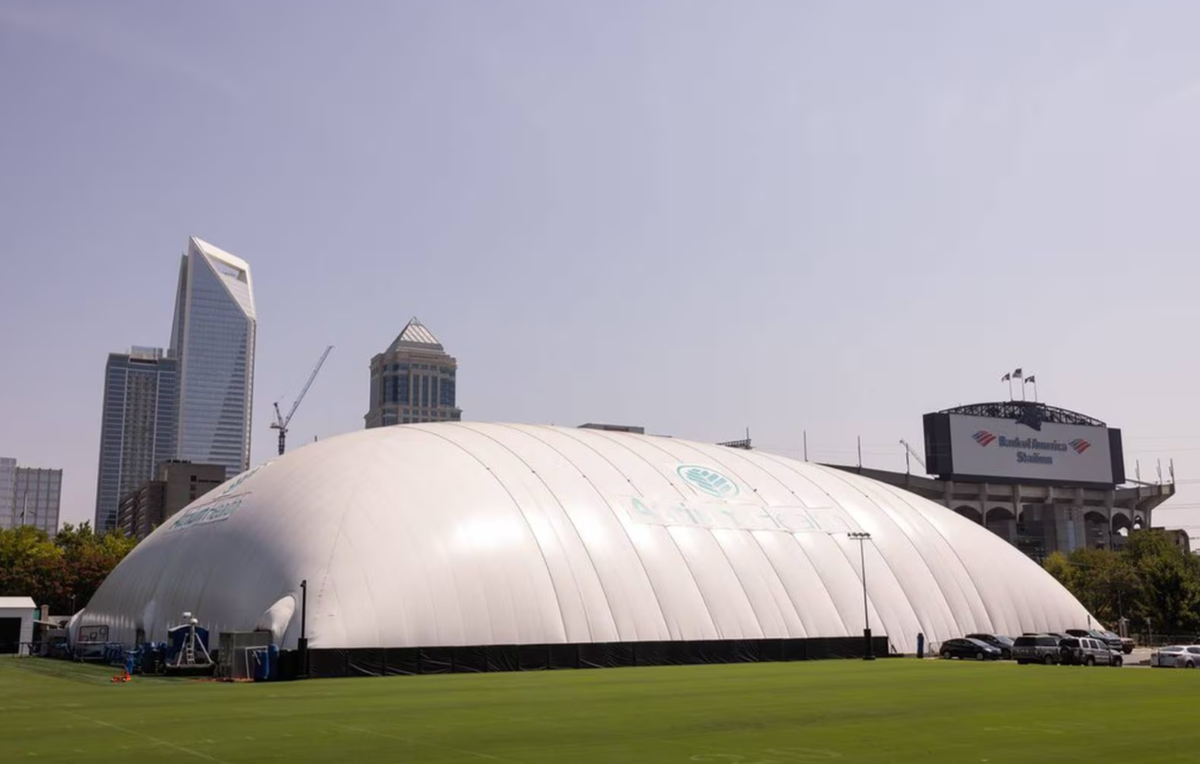 The Carolina Panthers’ practice fields are on South Cedar Street in Charlotte. The team is eyeing a major expansion to replace the old training field bubble.