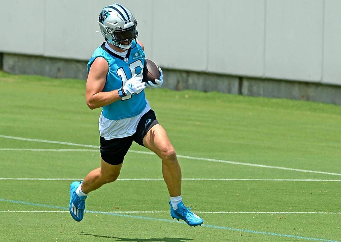 Carolina Panthers wide receiver Adam Thielen, runs down the field following a pass reception during practice on Tuesday, April 25, 2023.