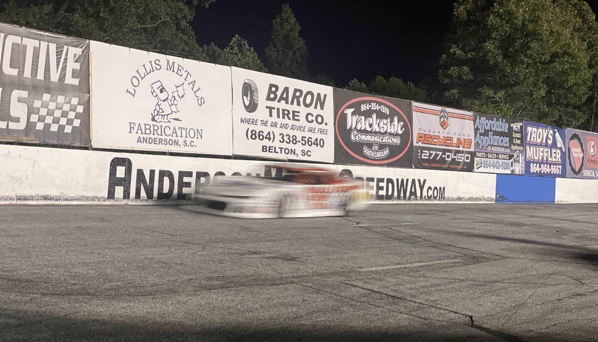 A glimpse of the late model stock car race by the CARS Tour on Saturday, August 16, 2025, at Anderson Motor Speedway, where Dale Earnhardt Jr. showed off a special throwback paint scheme with the No. 8 car.