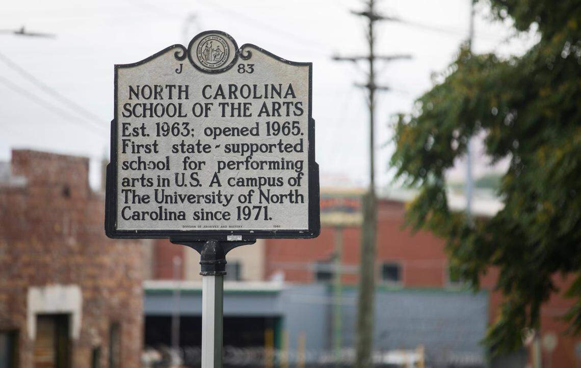 A historical marker for the UNC School of the Arts in Winston-Salem, N.C. is pictured here at the entrance to the campus on July 19, 2021.