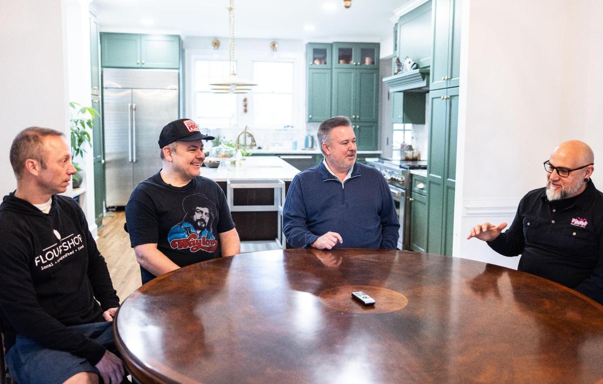 From left to right, Pizza Baby co-owner Trey Wilson, Thirsty Beaver co-owner Brian Wilson, Avett Brothers manager Dolphus Ramseur and Pinky’s co-owner Andy Cauble — who all share a common bond: Northwest Cabarrus High School.