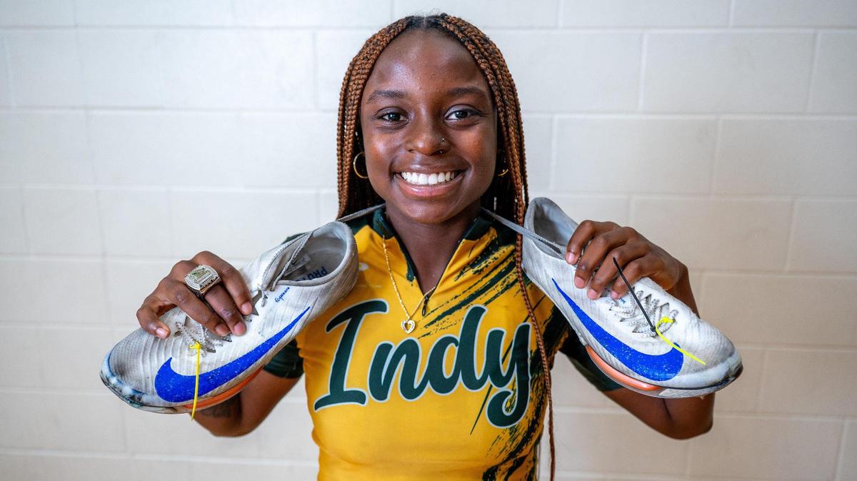 Female athlete of the year Maya Love poses for a portrait at Independence High School in Charlotte, NC Wednesday, June 11, 2025. Love, a recent graduate of Independence High School, has been recognized as a top athlete in track and is set to continue her track career at the University of South Carolina.